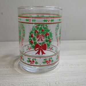 Holiday Glass with Red and Green Wreath Design